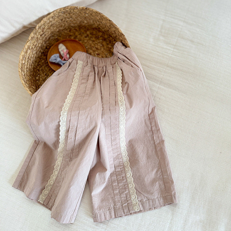Cubs Lane summer children's girls Korean style all-match pastoral lace straight wide-leg pants