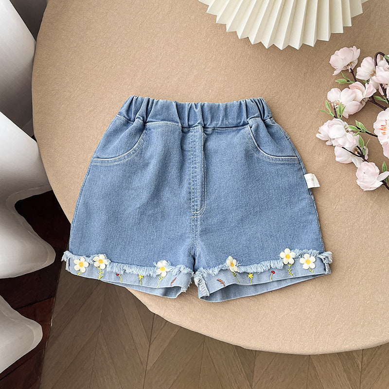 Cubs Lane fashionable flower embroidery loose girls' versatile outer wear thin denim shorts