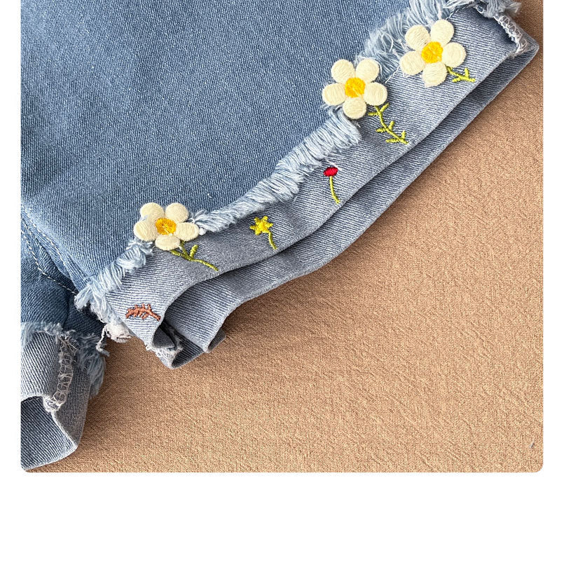 Cubs Lane fashionable flower embroidery loose girls' versatile outer wear thin denim shorts