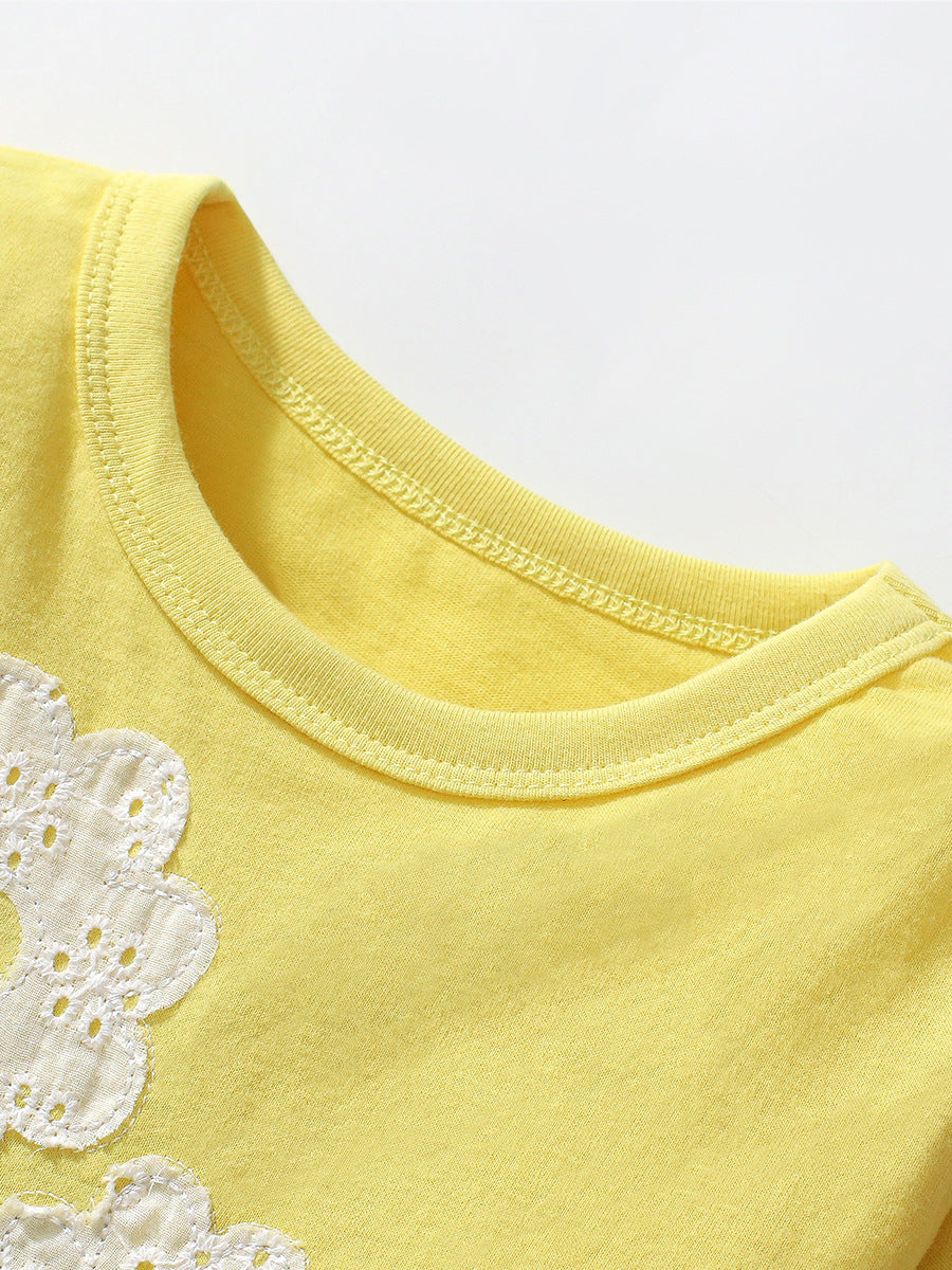 Cubs Lane Cute Flower Girls T-shirt Children's Round Neck Patch Embroidered