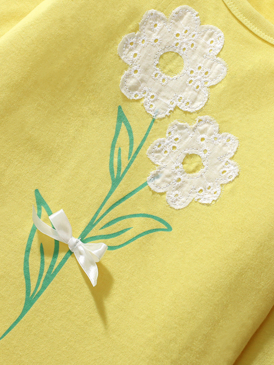 Cubs Lane Cute Flower Girls T-shirt Children's Round Neck Patch Embroidered