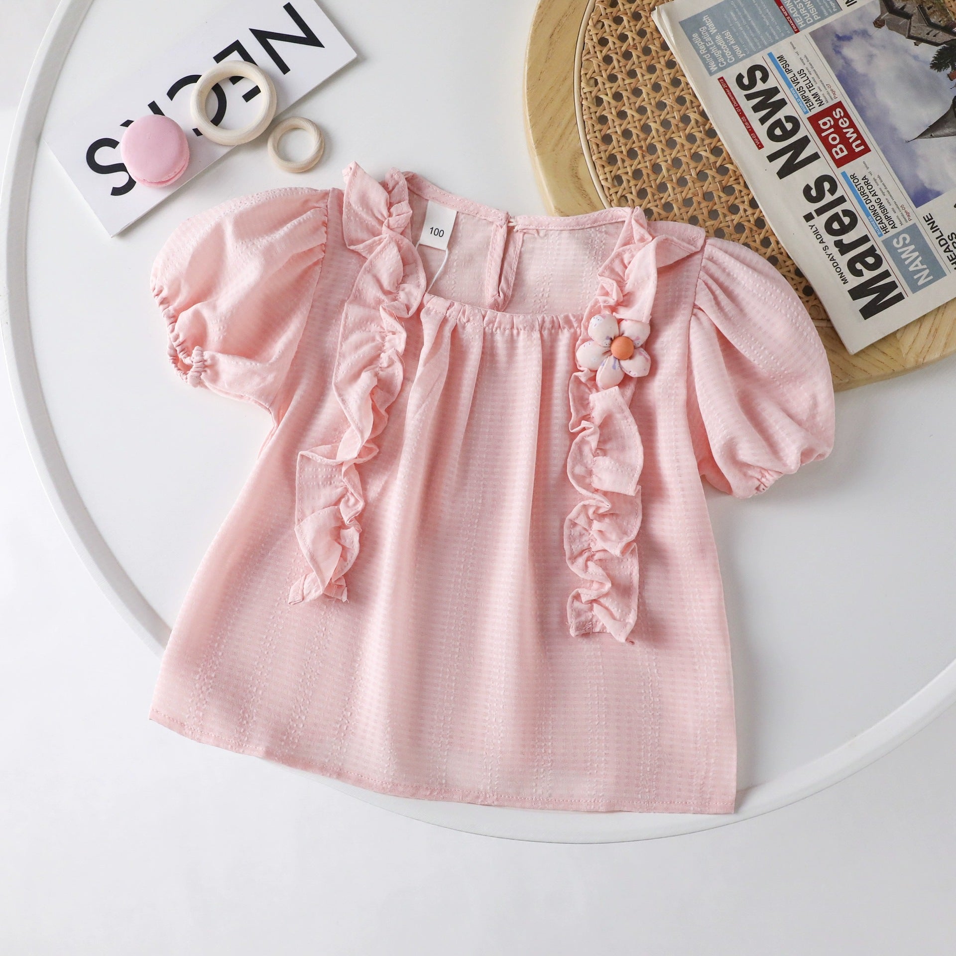 Cubs Lane new style princess style puff sleeve chiffon top children's ruffled short-sleeved shirt