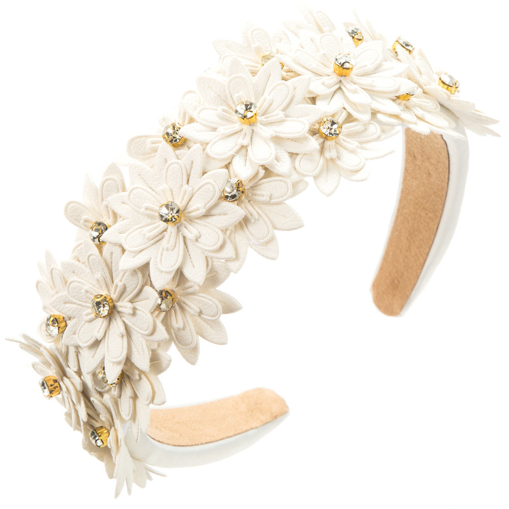Cubs Lane new multi-layer leather flower headband female sponge high skull top diamond inlaid super fairy pure color