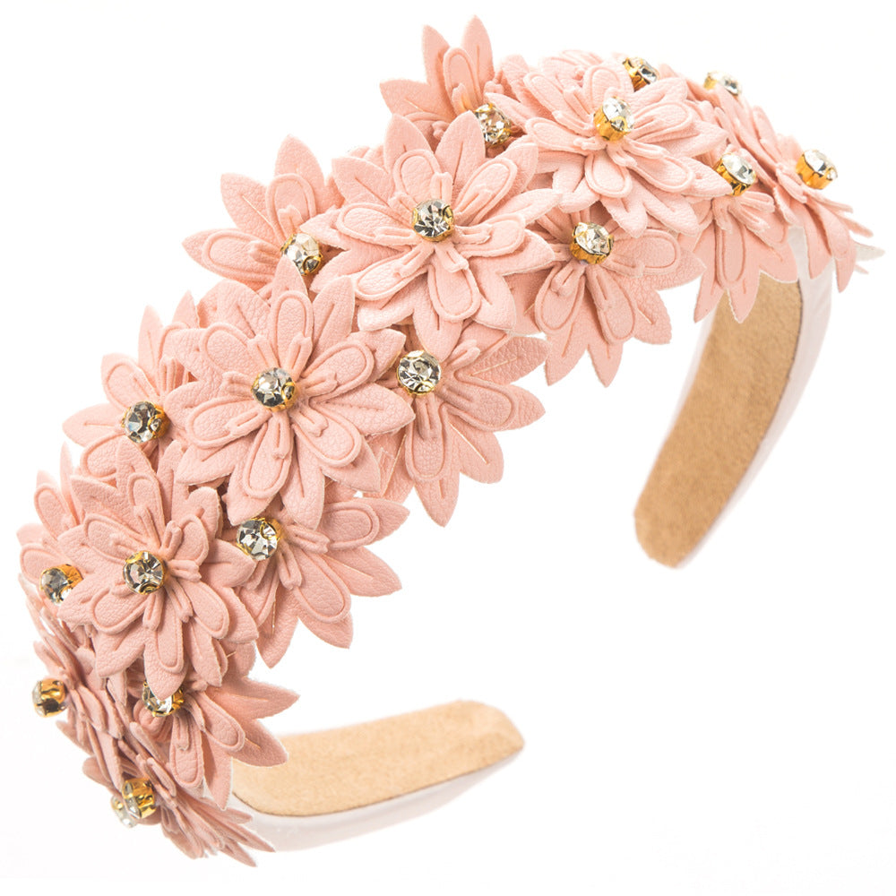 Cubs Lane new multi-layer leather flower headband female sponge high skull top diamond inlaid super fairy pure color