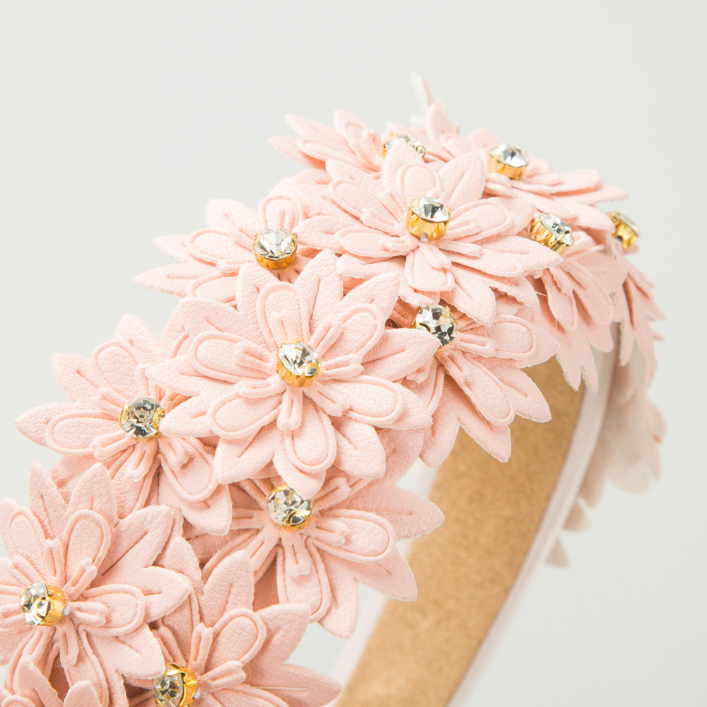 Cubs Lane new multi-layer leather flower headband female sponge high skull top diamond inlaid super fairy pure color