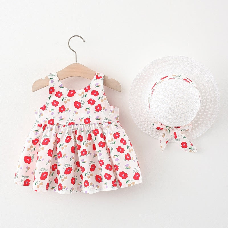 Cubs Lane new style sweet suspender skirt for baby girls with small flowers dress fashionable with straw hat