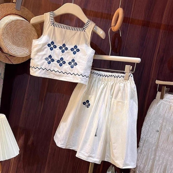 Cubs lane Children's Suspender Flower Mesh Top Pleated Shorts Girls