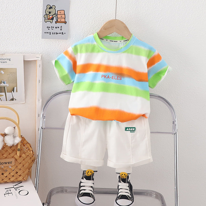 Cubs Lane children's clothing new baby contrast color striped short-sleeved shorts two-piece casual suit