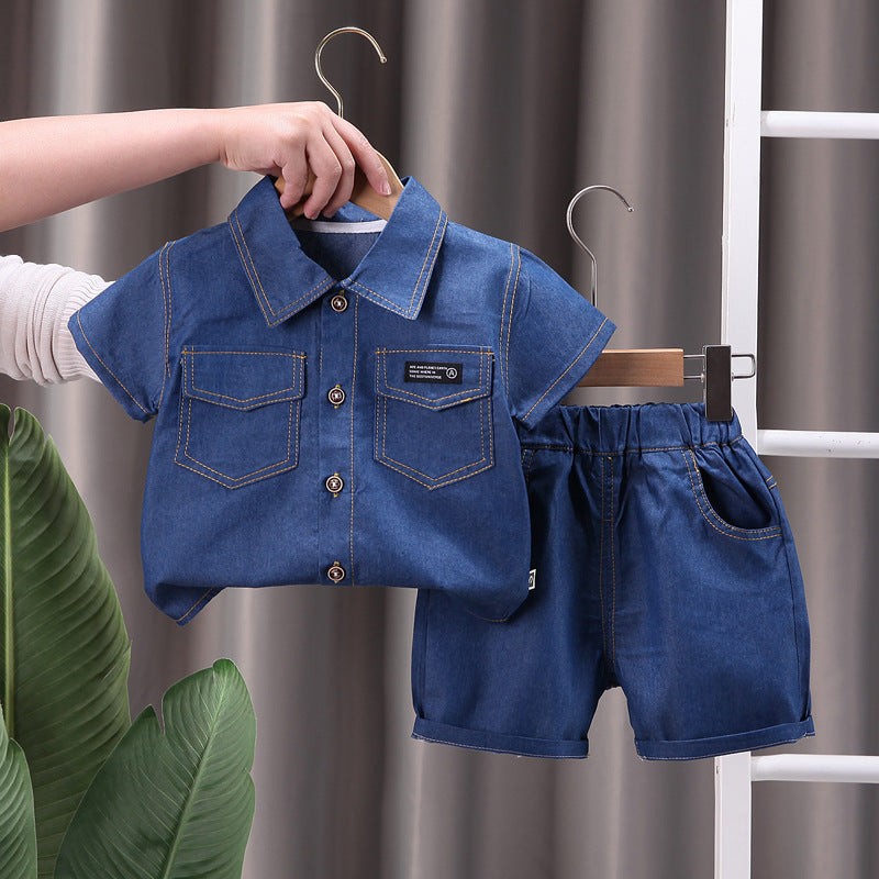 Cubs Lane children's denim suit summer new style lapel short-sleeved shorts boys denim shirt two-piece suit