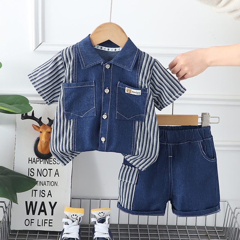 Cubs Lane children's color matching lapel striped denim short-sleeved shorts new two-piece suit