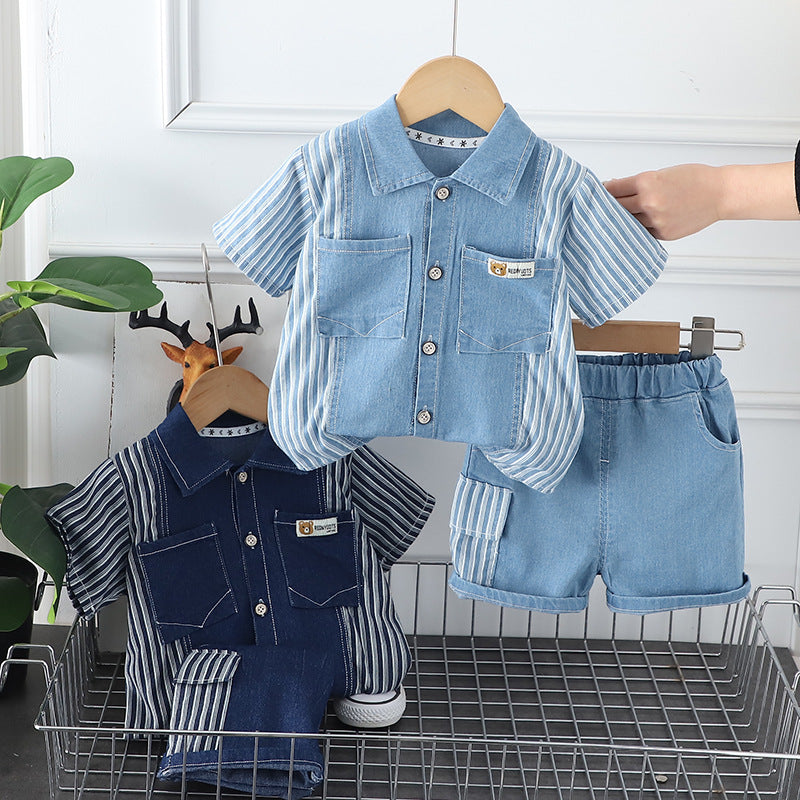 Cubs Lane children's color matching lapel striped denim short-sleeved shorts new two-piece suit