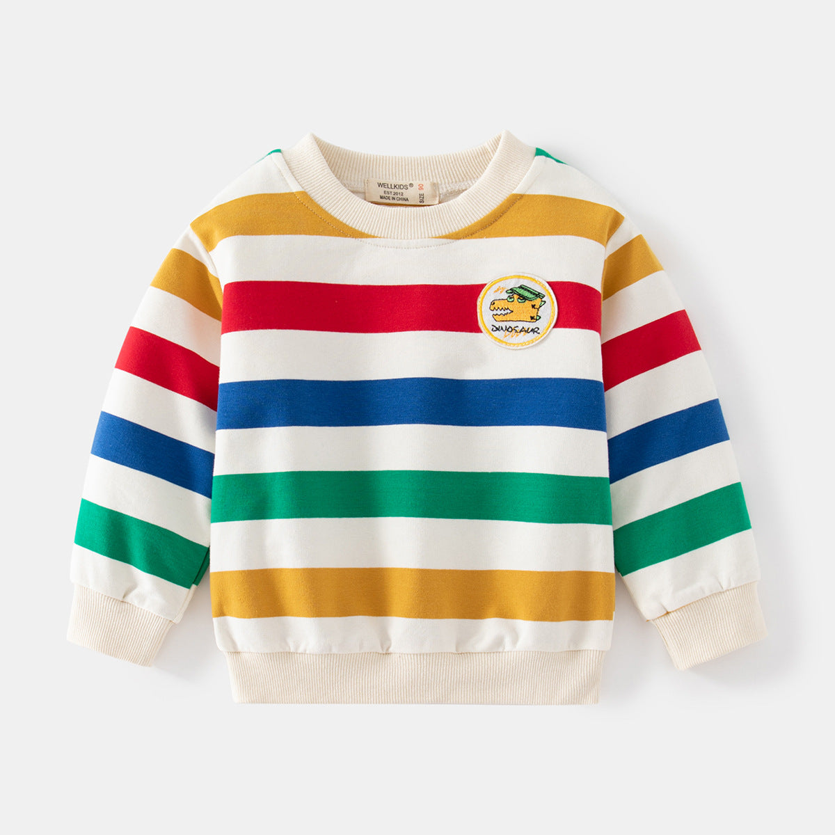 Cubs Lane Spring and Autumn Children's Clothing Colorful Striped Long Sleeve Sweater Cartoon Pattern Contrast Color Round Neck Threaded Cuffs Pullover Sweater