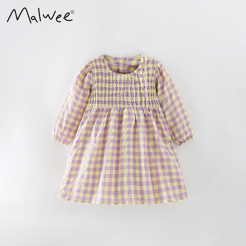 Cubs Lane children's leisure plaid round neck girl dress