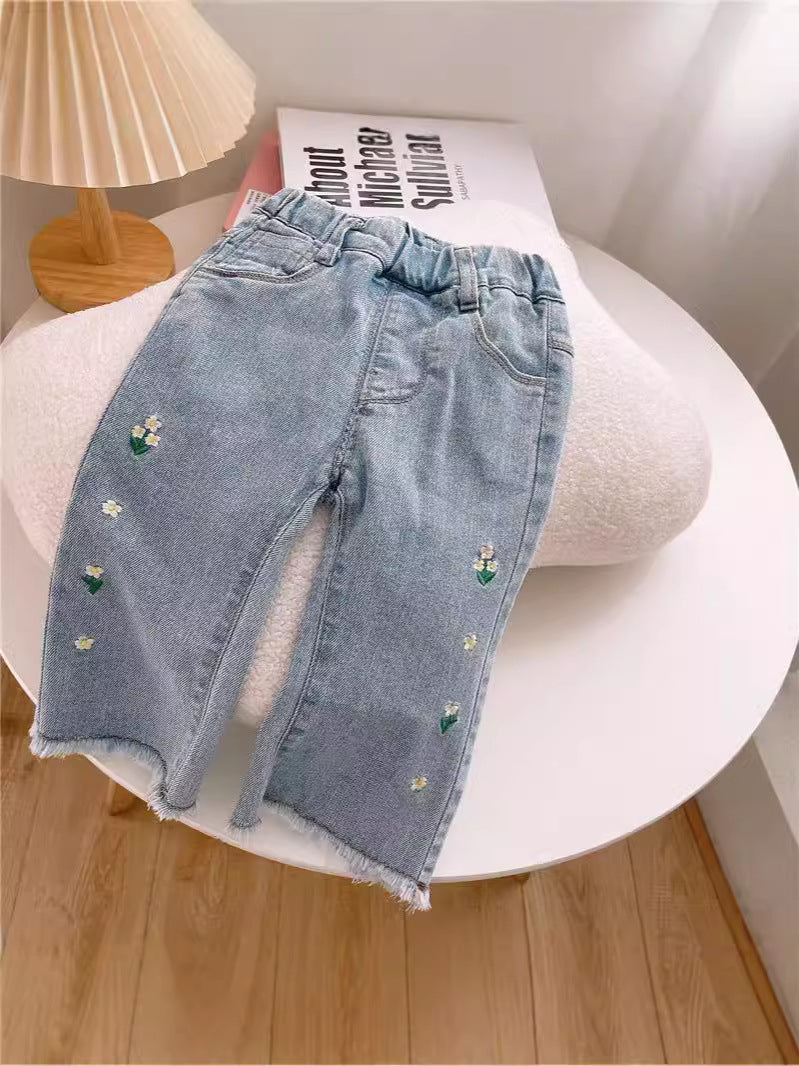 Cubs Lane ummer children's clothing for girls, flower embroidery straight jeans, fashionable baby wide-leg pants, children's cropped pants