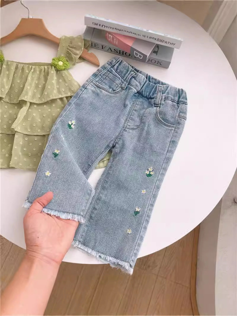 Cubs Lane ummer children's clothing for girls, flower embroidery straight jeans, fashionable baby wide-leg pants, children's cropped pants