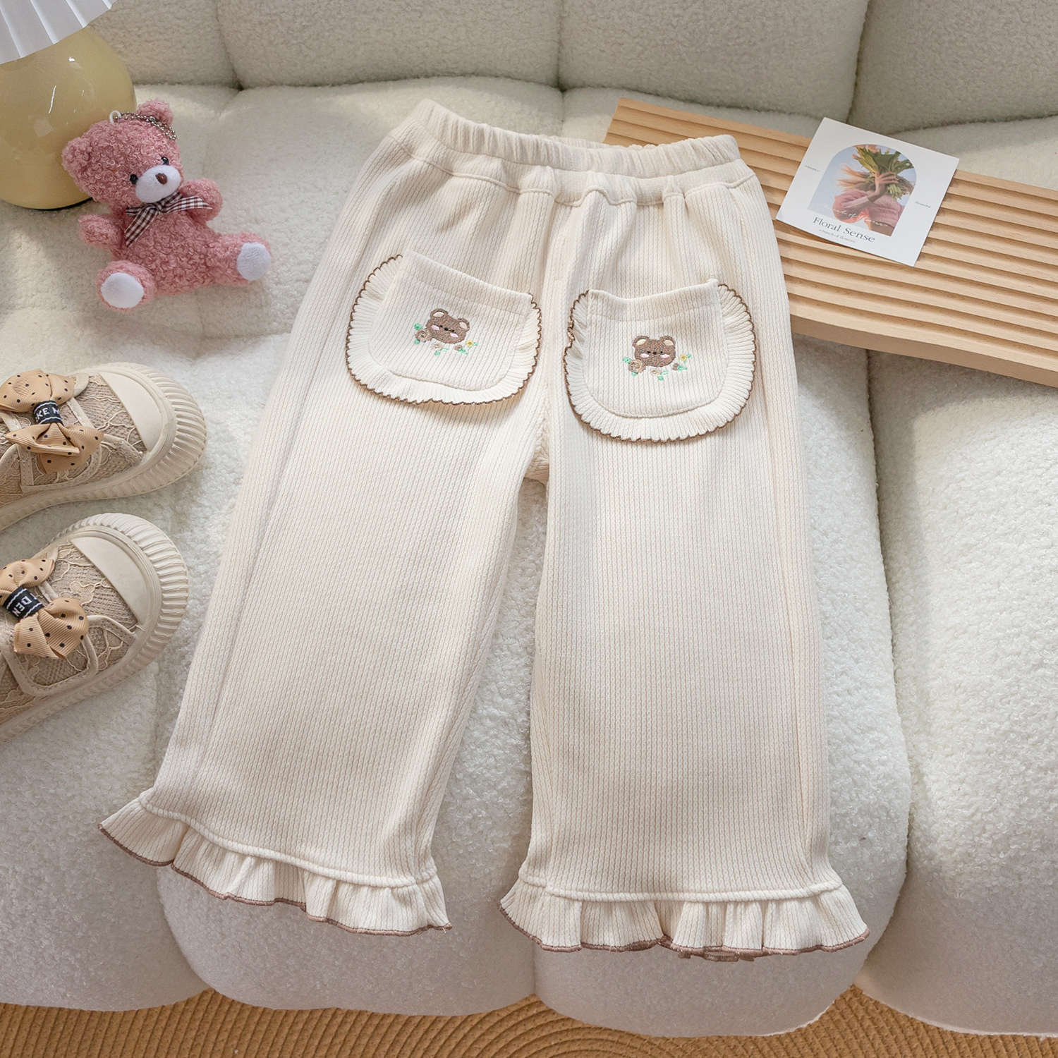 Cubs Lane  new style baby girl stylish cartoon embroidered bear versatile slightly open bell-bottom pants