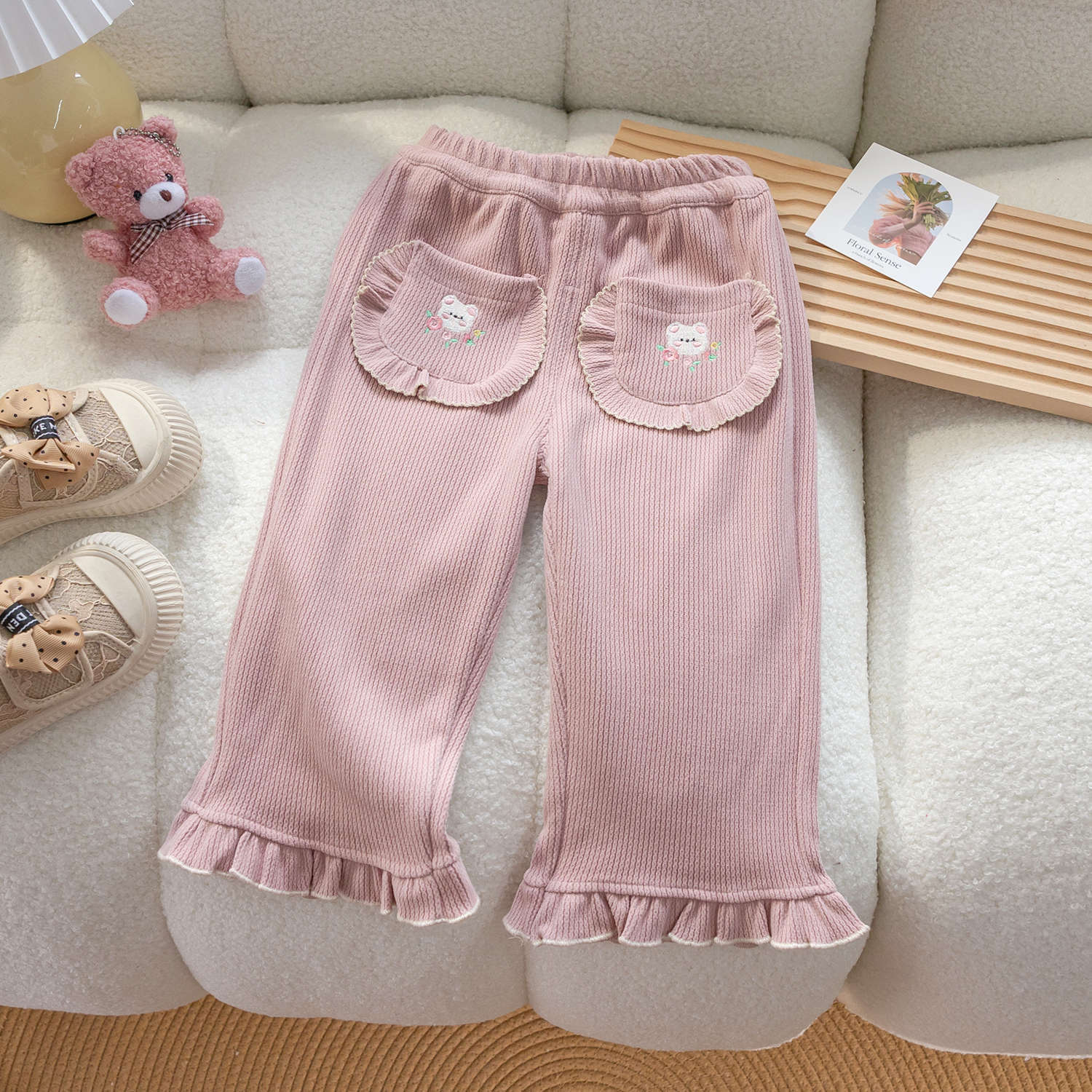 Cubs Lane  new style baby girl stylish cartoon embroidered bear versatile slightly open bell-bottom pants