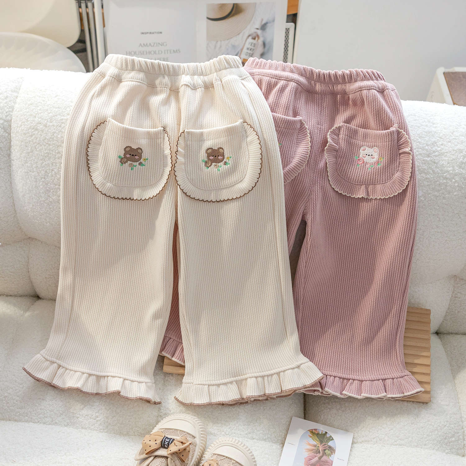 Cubs Lane  new style baby girl stylish cartoon embroidered bear versatile slightly open bell-bottom pants