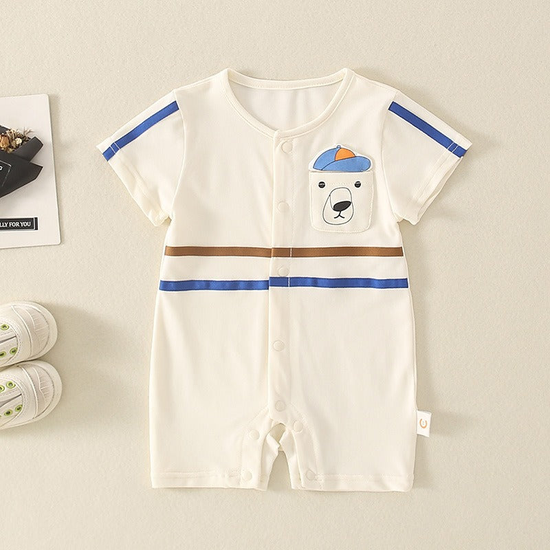 Cubs Lane  Baby clothes summer thin a-type pure cotton boy short-sleeved jumpsuit bear romper crawling clothes