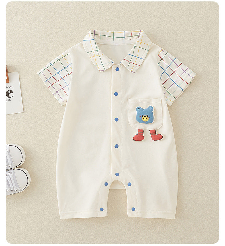 Cubs Lane  Baby clothes summer thin a-type pure cotton boy short-sleeved jumpsuit bear romper crawling clothes