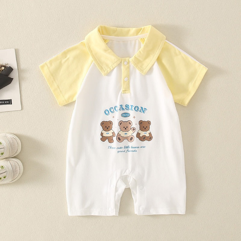 Cubs Lane  Baby clothes summer thin a-type pure cotton boy short-sleeved jumpsuit bear romper crawling clothes