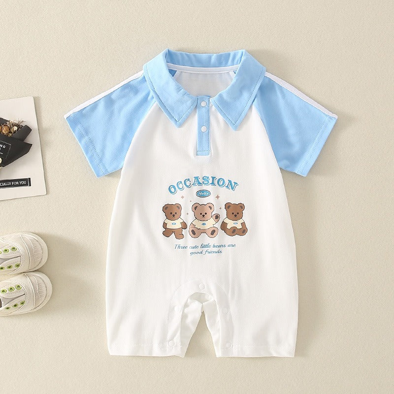 Cubs Lane  Baby clothes summer thin a-type pure cotton boy short-sleeved jumpsuit bear romper crawling clothes