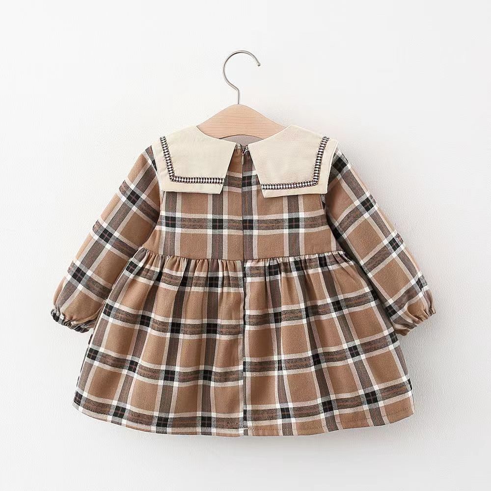 Cubs Lane New spring and autumn trendy girls' skirt doll collar Korean plaid skirt long sleeve bow fashion