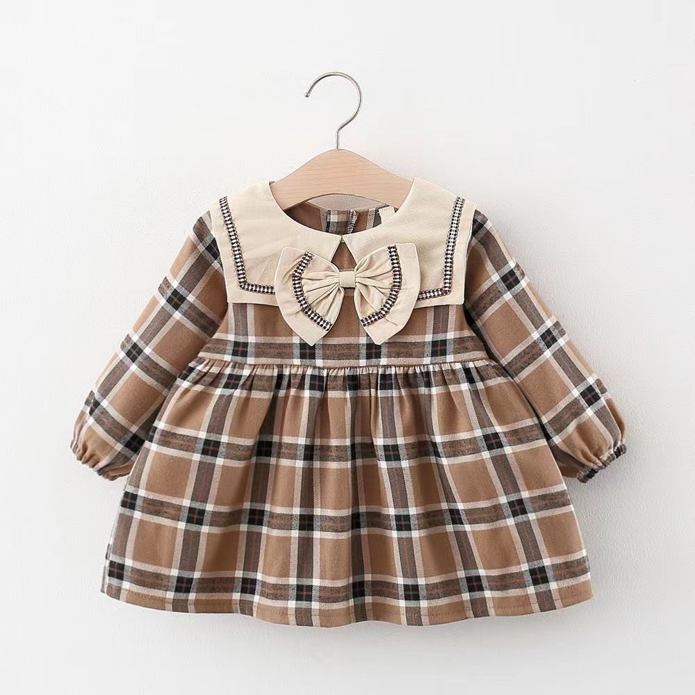 Cubs Lane New spring and autumn trendy girls' skirt doll collar Korean plaid skirt long sleeve bow fashion