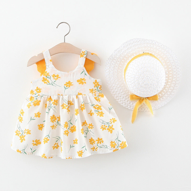 Cubs Lane summer new style baby girl small flower sling wing dress with straw hat