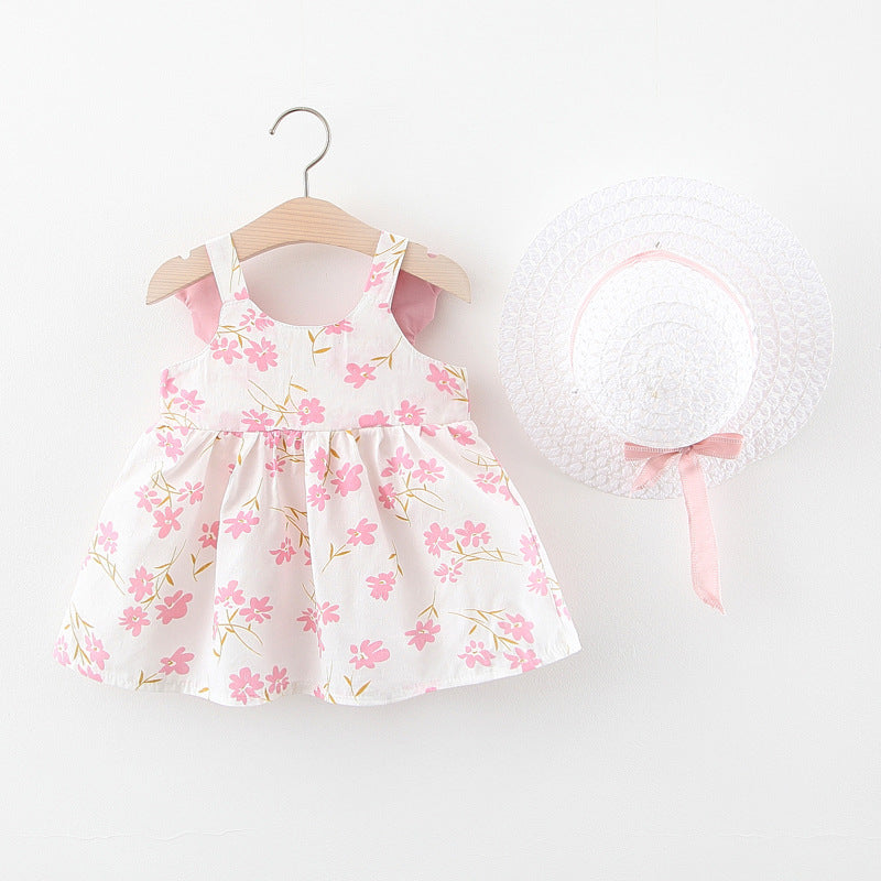 Cubs Lane summer new style baby girl small flower sling wing dress with straw hat