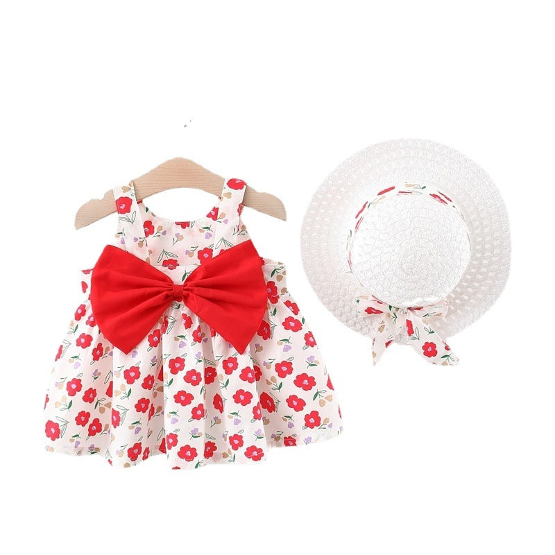 Cubs Lane new style sweet suspender skirt for baby girls with small flowers dress fashionable with straw hat