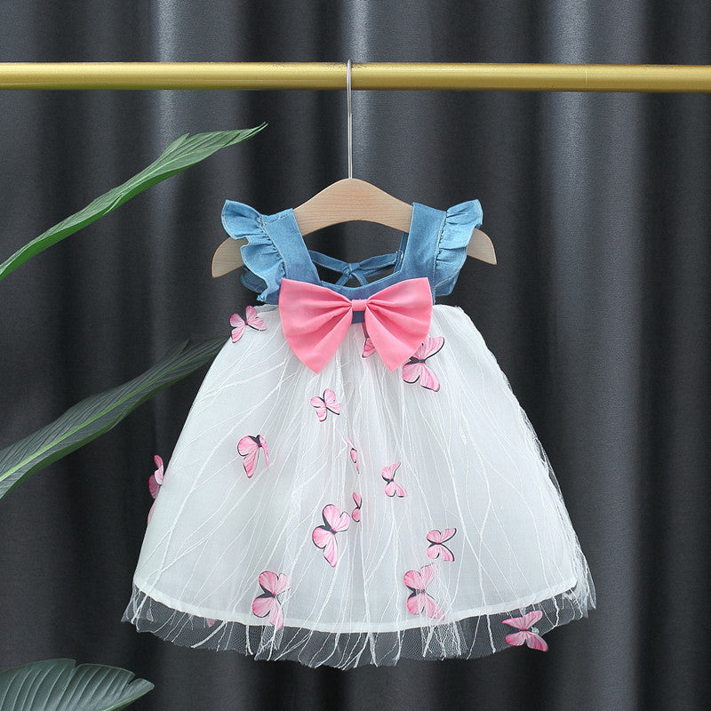 Cubs Lane new baby girl dress denim splicing three-dimensional butterfly mesh skirt backless princess skirt cross-border