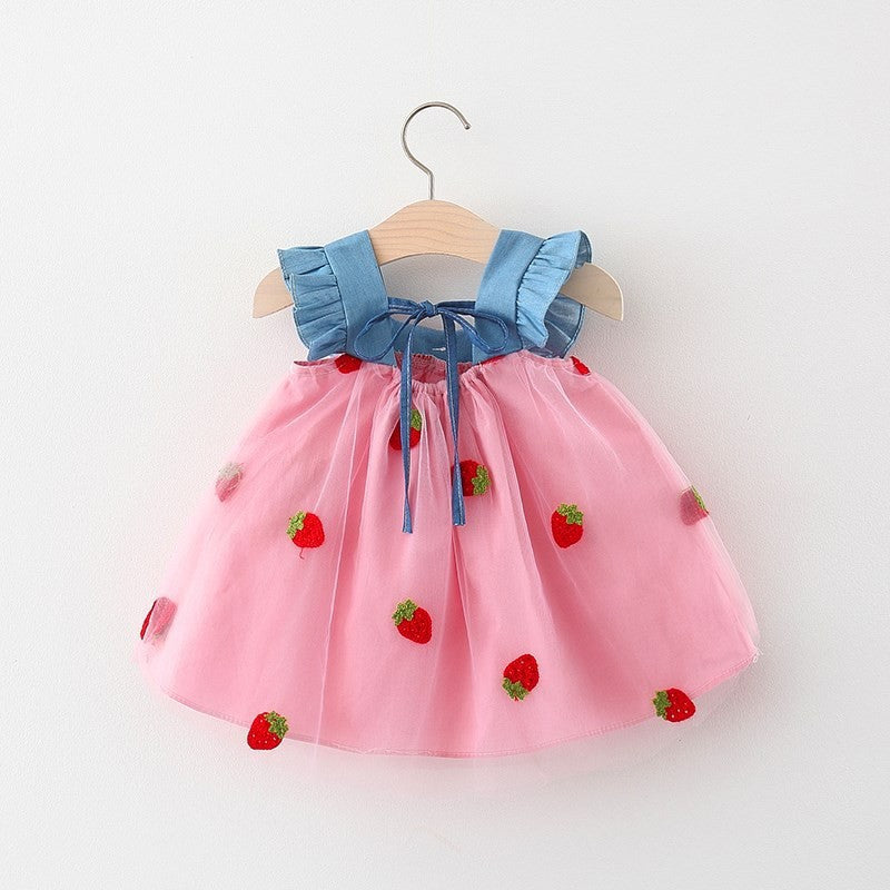 Cubs Lane new style baby girl strawberry embroidered mesh vest skirt girl denim splicing backless princess skirt cross-border