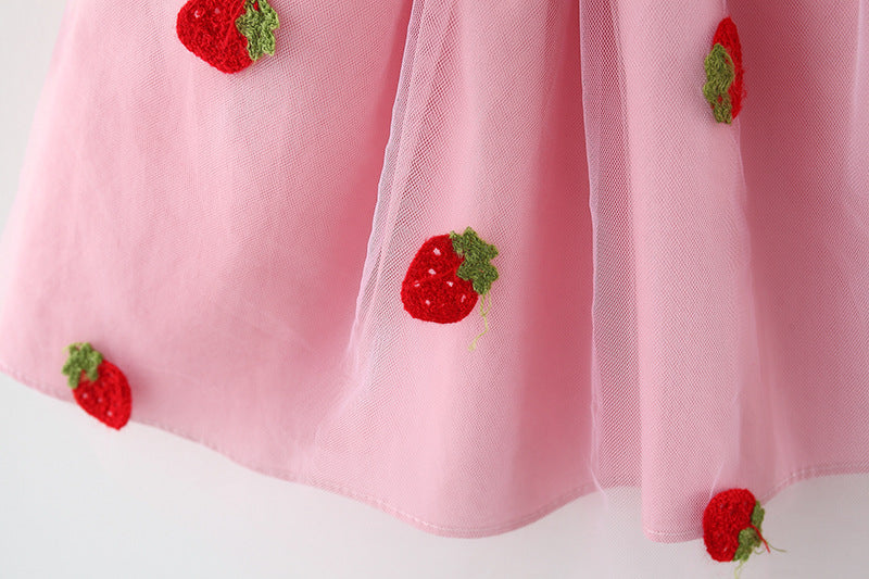 Cubs Lane new style baby girl strawberry embroidered mesh vest skirt girl denim splicing backless princess skirt cross-border