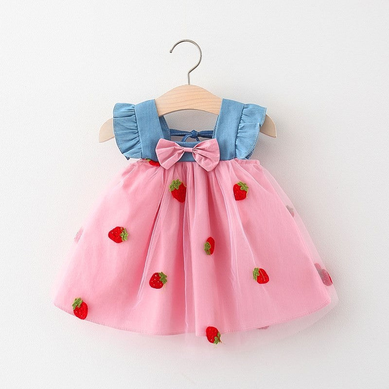 Cubs Lane new style baby girl strawberry embroidered mesh vest skirt girl denim splicing backless princess skirt cross-border