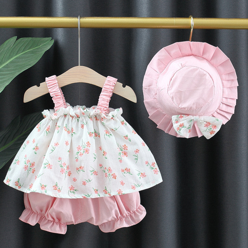 Cubs Lane new style baby girl floral suspender shorts 3-piece set with hat sweet ins children's clothing cross-border hot