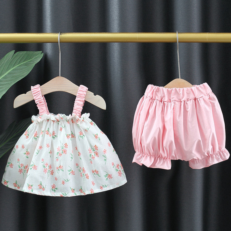 Cubs Lane new style baby girl floral suspender shorts 3-piece set with hat sweet ins children's clothing cross-border hot