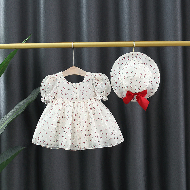 Cubs Lane new style one-year-old baby girl cherry princess dress puff sleeve bow with sun hat