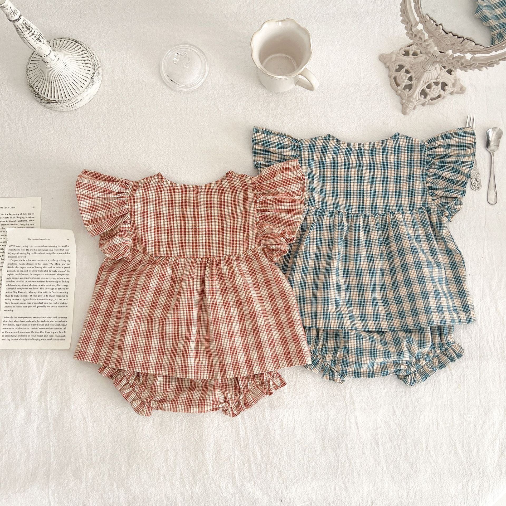 Cubs Lane New summer baby clothes flying sleeve plaid baby shirt shorts suit baby girl stylish top + fart