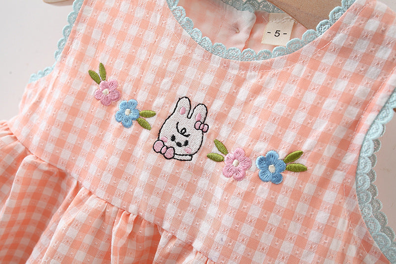 Cubs Lane New style girl dress plaid cartoon rabbit embroidered sleeveless vest dress