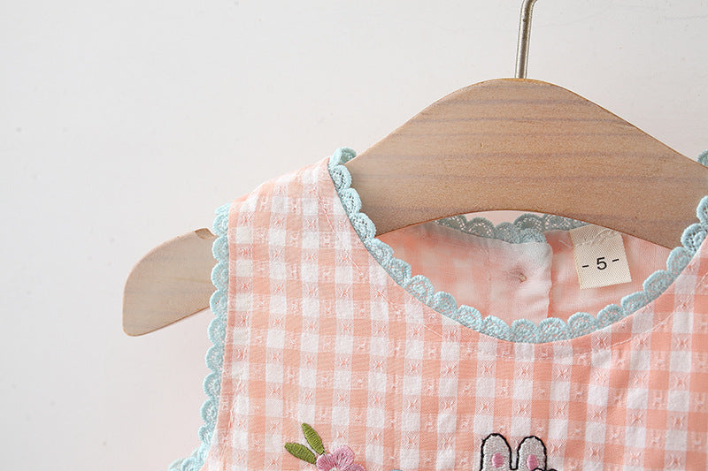 Cubs Lane New style girl dress plaid cartoon rabbit embroidered sleeveless vest dress