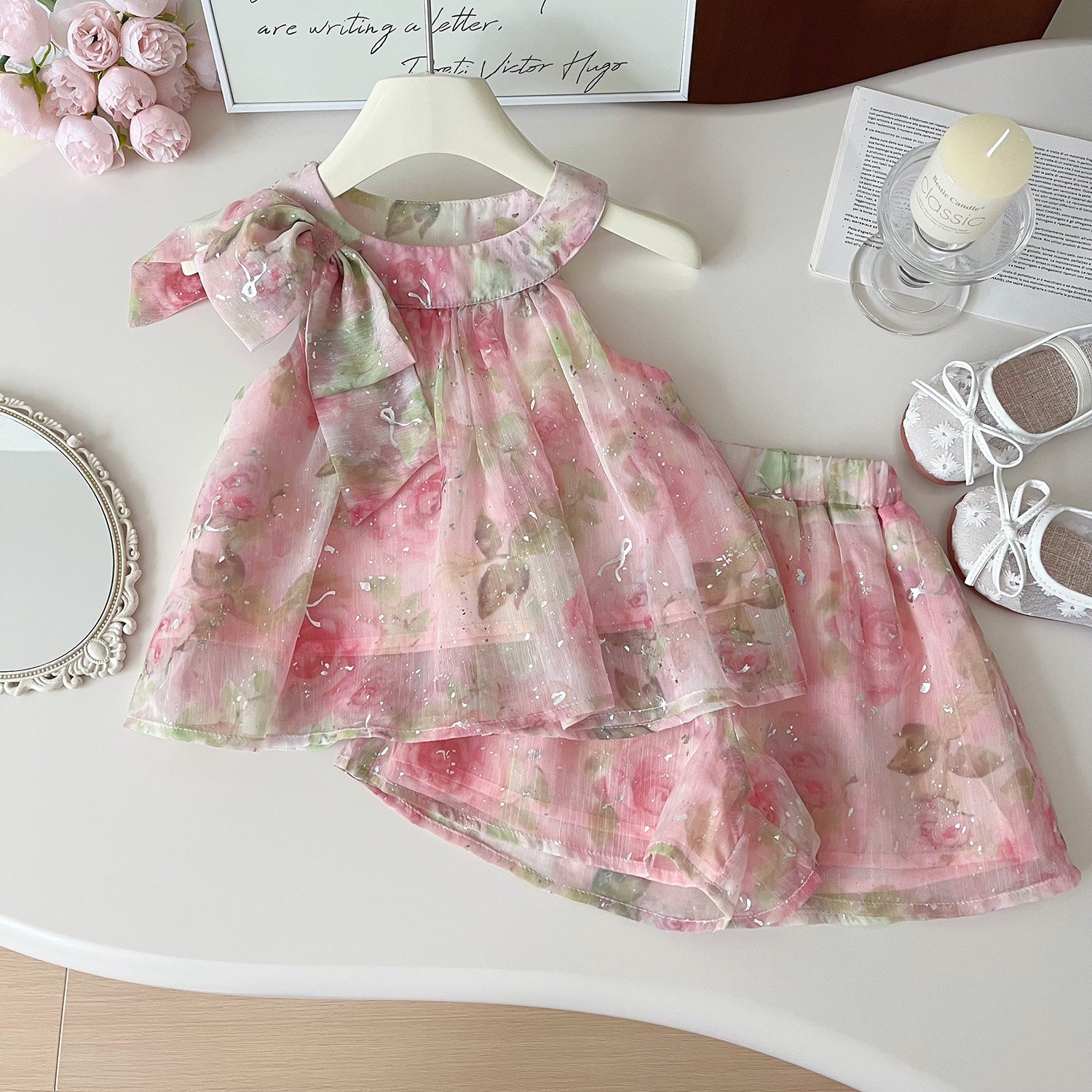 Cubs lane Pink Floral Print Blouse And Shorts Set