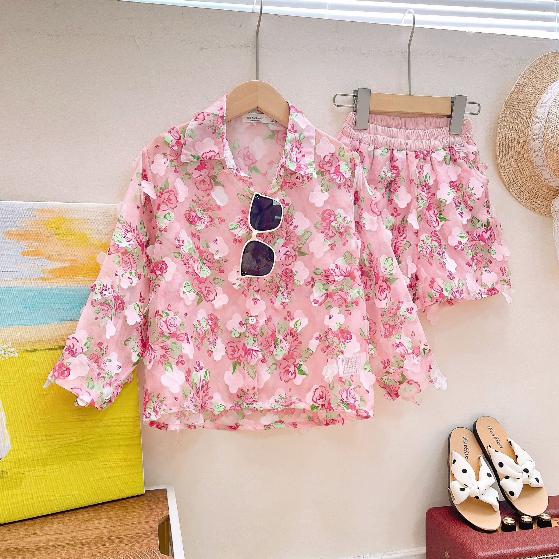 Cubs lane Pink Floral Print Blouse And Shorts Set