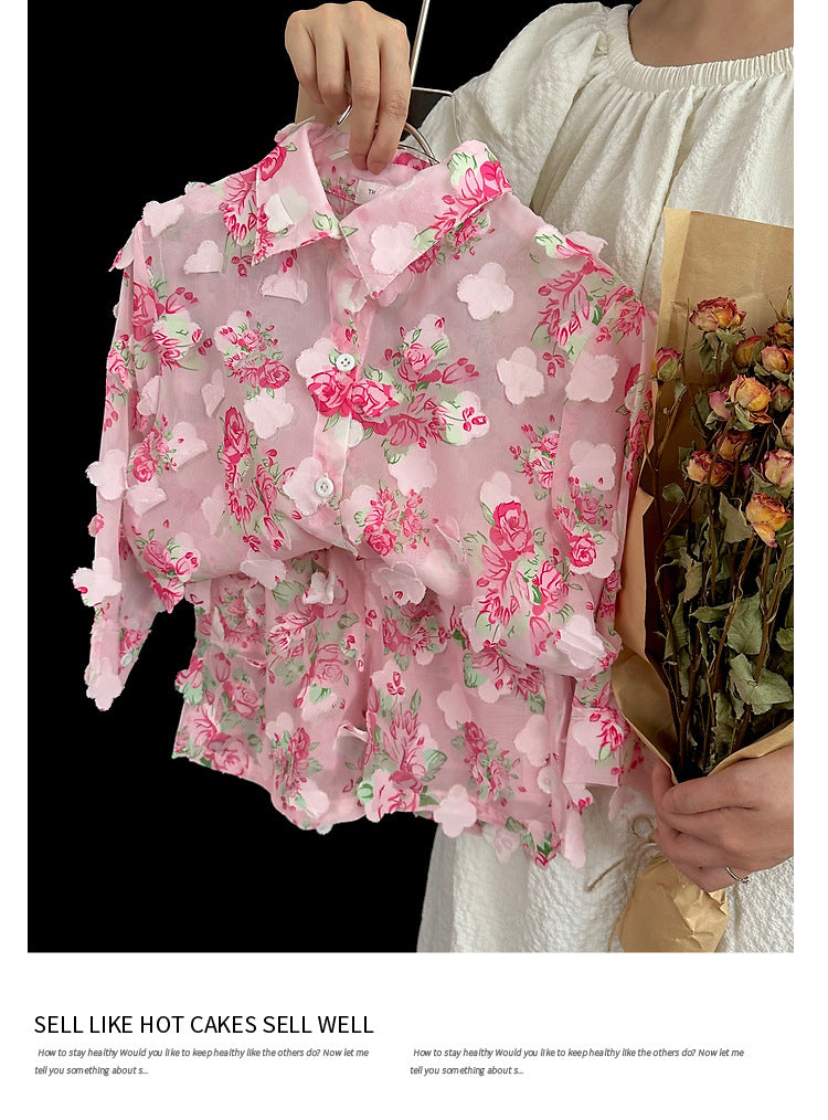 Cubs lane Pink Floral Print Blouse And Shorts Set