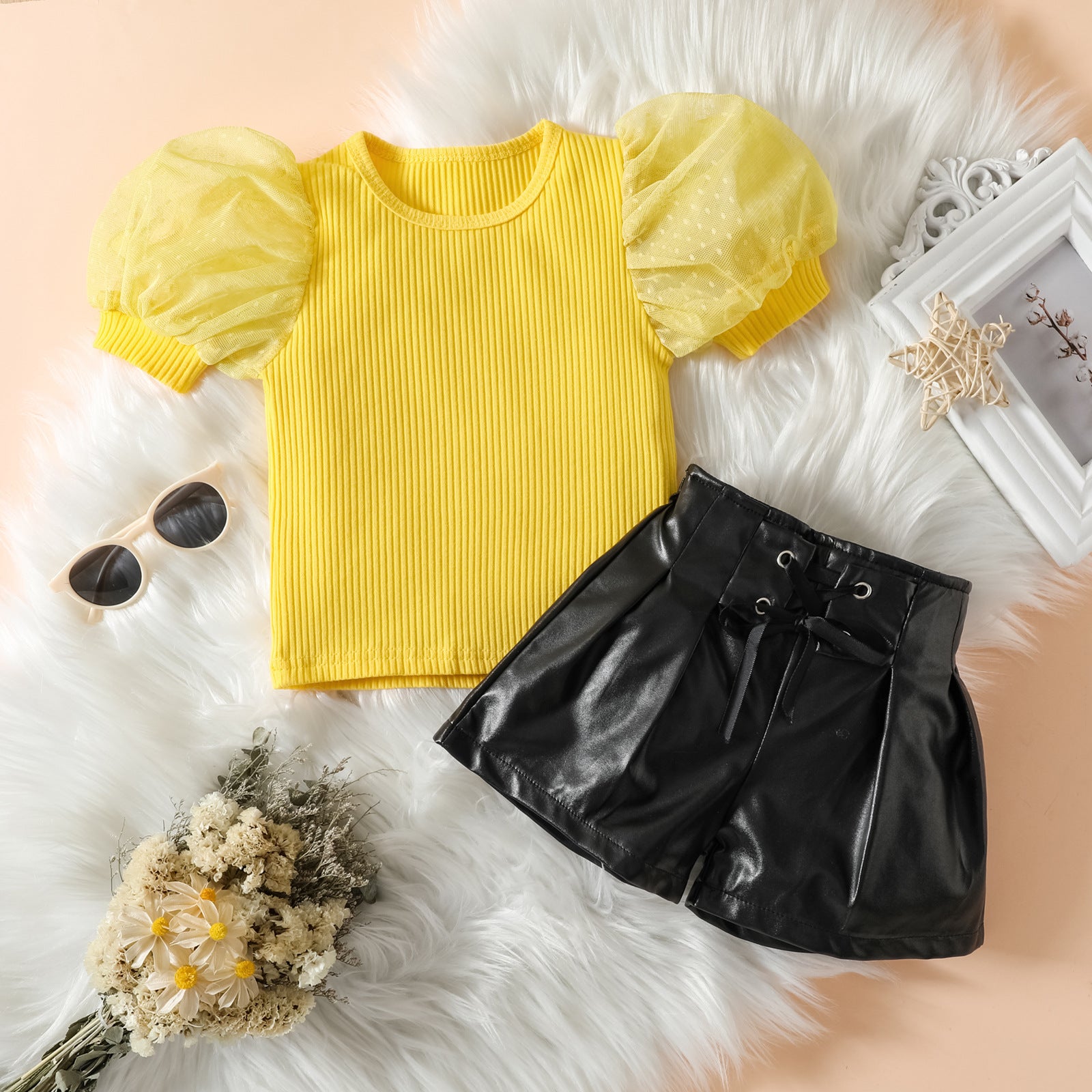 Cubs Lane yellow  Stripe Print Blouse And Shorts Set