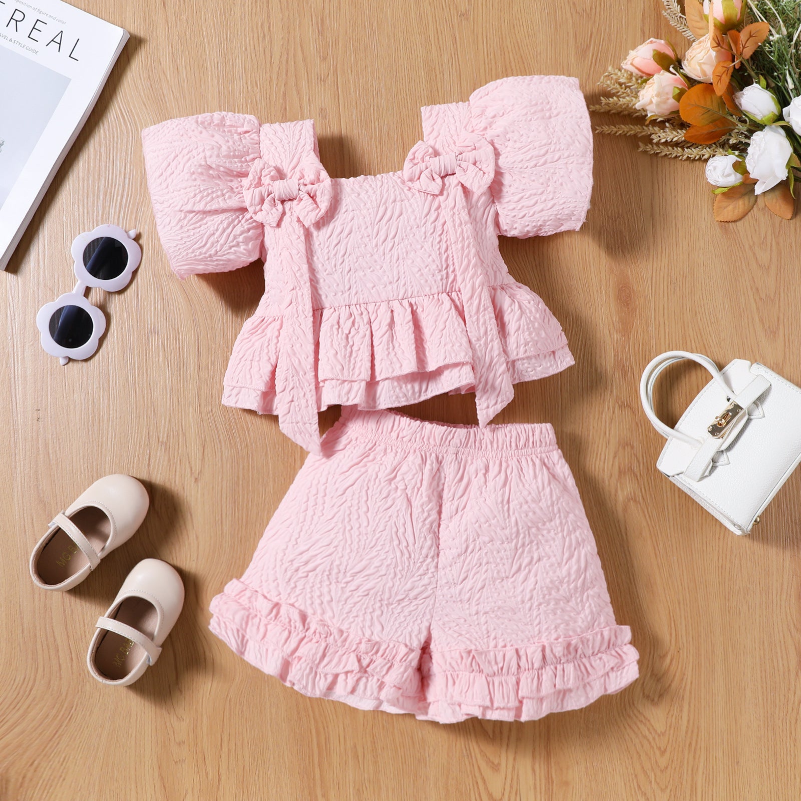 Cubs Lane Pink  Stripe Print Blouse And Shorts Set