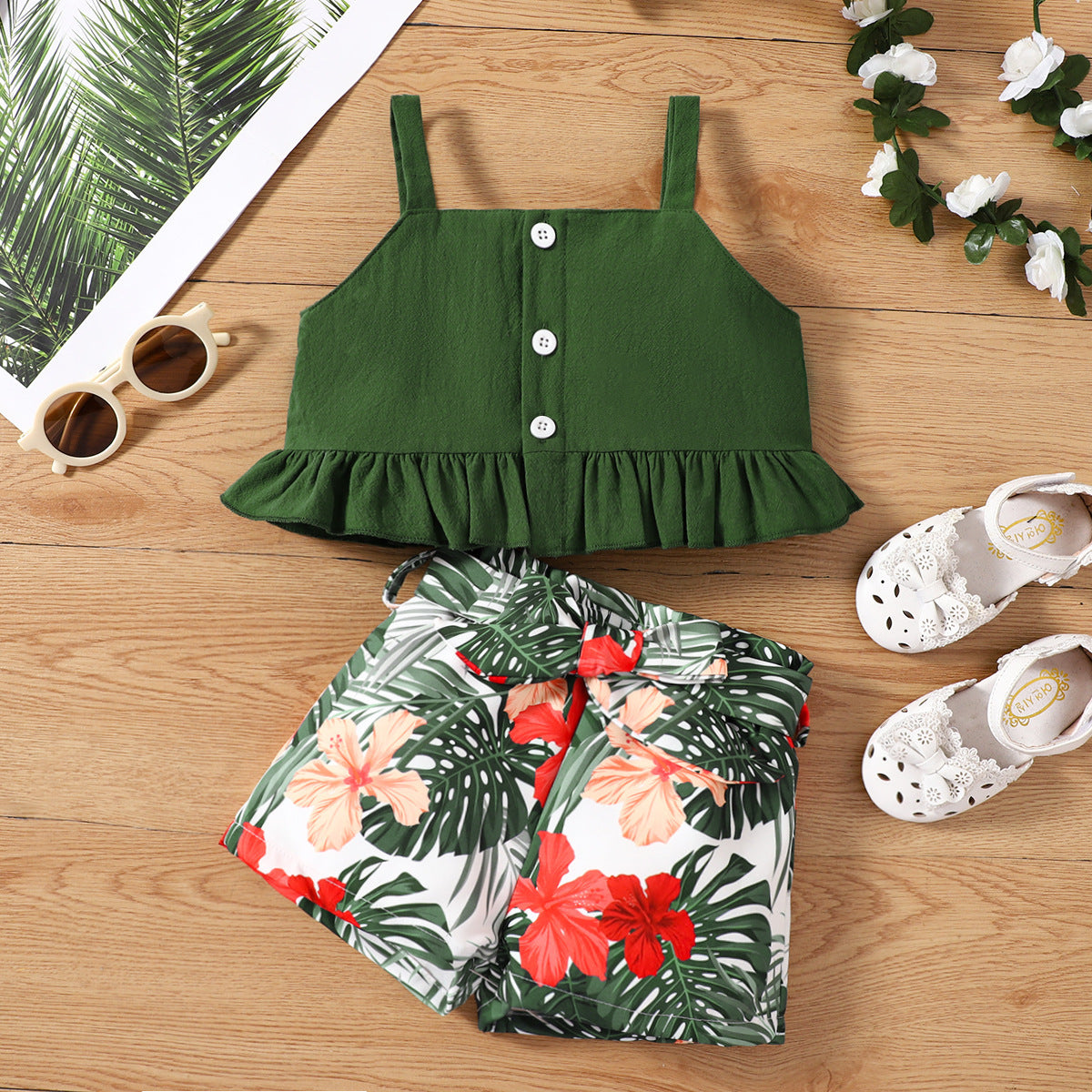 Cubs lane Green Color Stripe Print Vest and Shorts