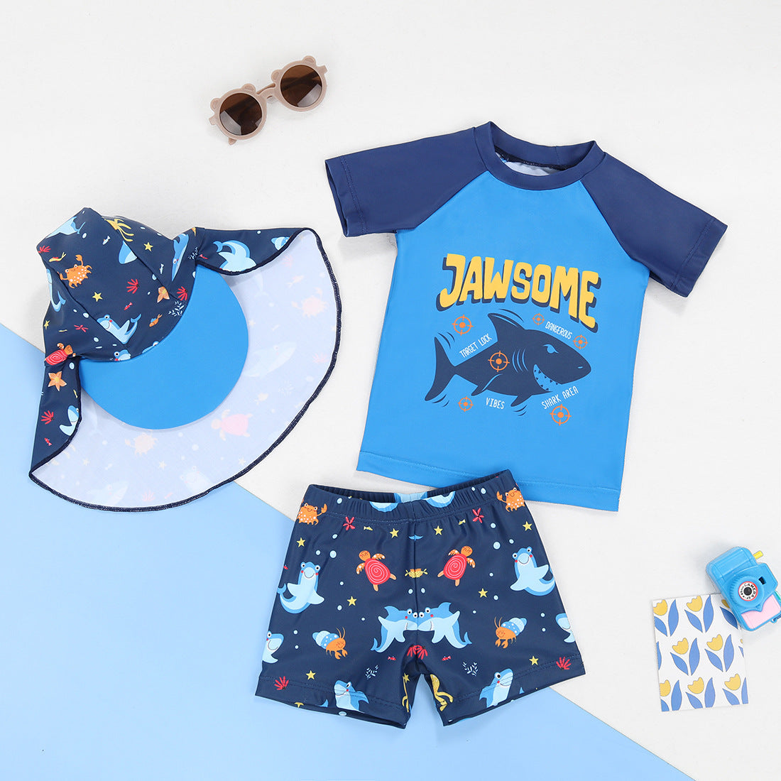 Cubs Lane  short-sleeved boxer pants round neck devil hat sunscreen cartoon print children's swimsuit